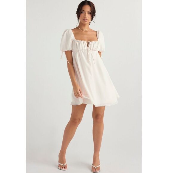 House of CB Princess ivory georgette mini dress Cream Puff Sleeve Women's XS - Picture 3 of 11